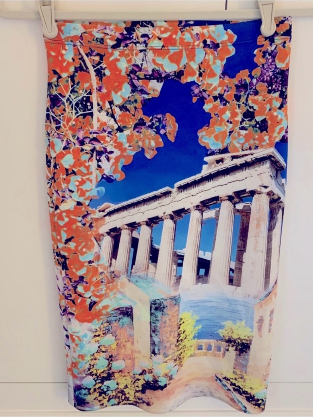 Clover Canyon Blue, Orange & Aqua Architectural Midi Skirt